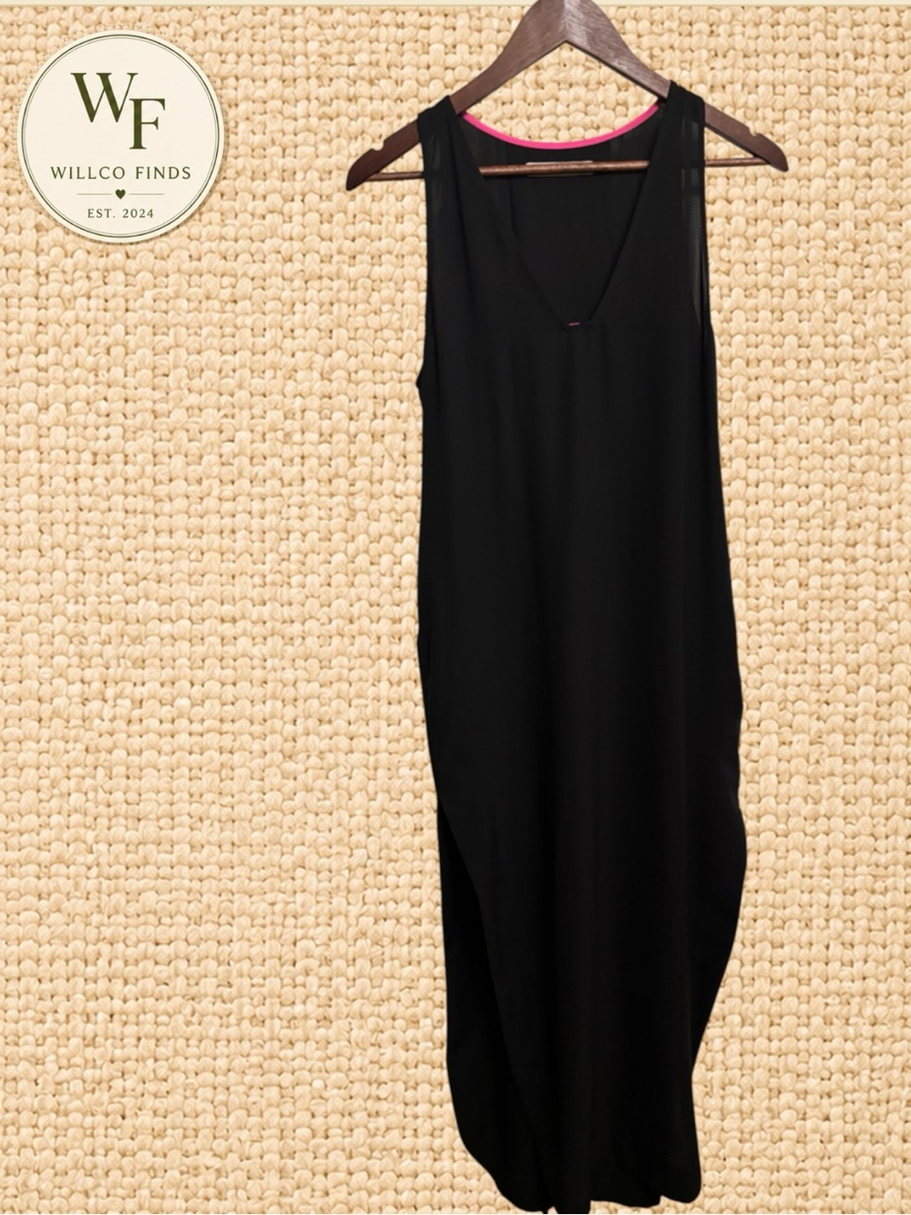 EINI Black Maxi Dress Small Sleeveless V-Neck Side Slit Pink Trim